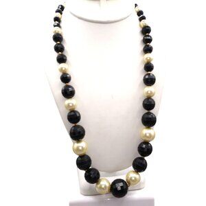 Black and White Beaded Graduated Necklace, Faceted Black Plastic Beads and Faux